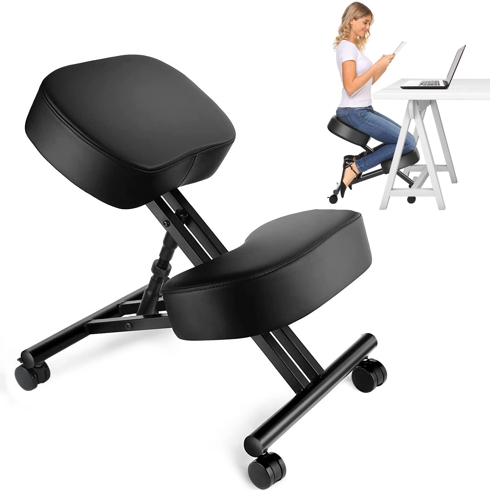 Office Chair - オフィス用のエルゴノミクスニーリングチェア、家庭およびオフィス用の調節可能なスツール - 角度のあるシートで姿勢を改善