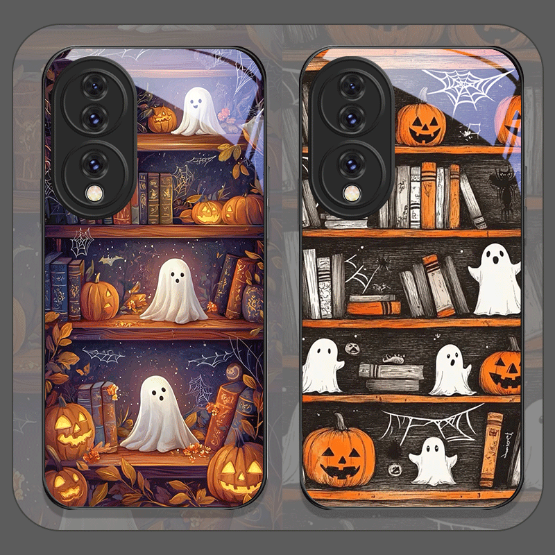 Bookshelf - ハロウィン パンプキン ゴースト 本棚 強化ガラス製スマホケース Huawei