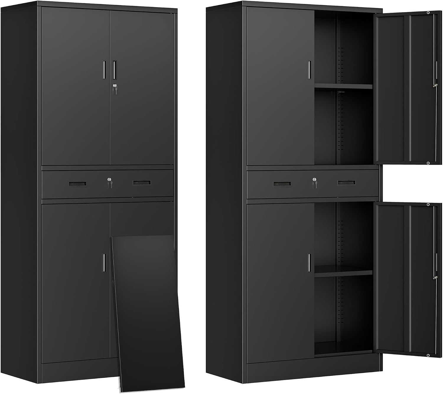 File Cabinet - 引き出し付き背の高い金属製収納キャビネット、鍵付きツール・ファイル収納庫、家庭・オフィス・ガレージ・キッチン・倉庫用ユーティリティスチールオーガナイザー、多段調整可能棚ユニット、モダンインダストリアル、ブラック、1個