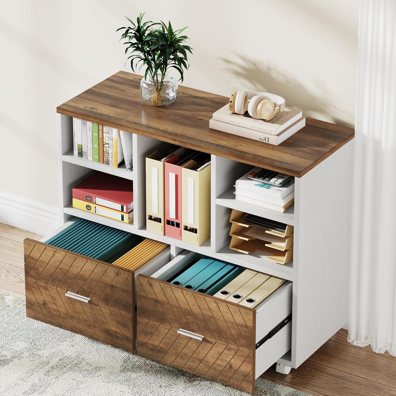 2段引き出し木製ファイルキャビネット、レターサイズのファイル - Printer Stand のレビューと価格