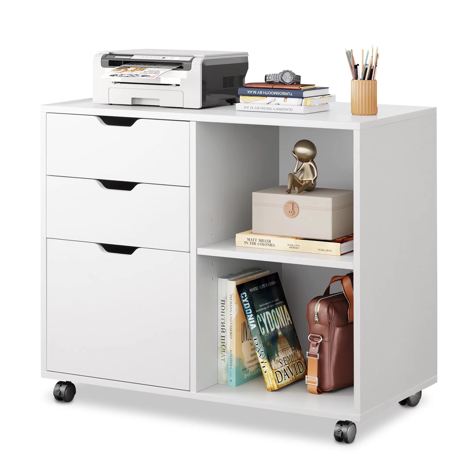 3段引き出し木製ファイルキャビネット、可動式横型ファイリング - Printer Stand のレビューと価格